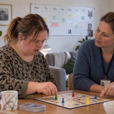 Medarbejder og borger spiller brætspil sammen
